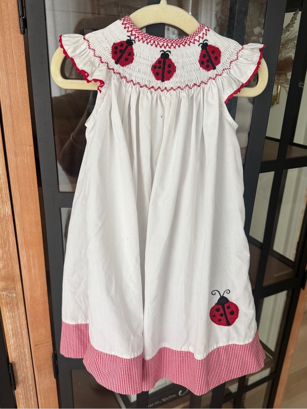 Vintage Ladybugs smocked dress bishop embroidered ruffle toddler girl gingham